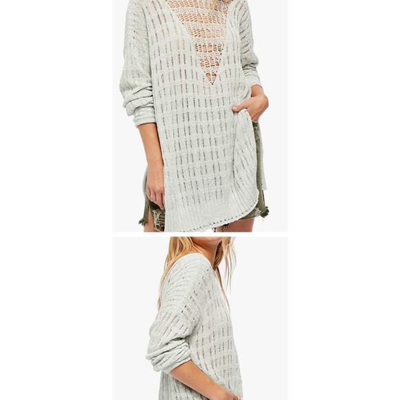 Free People Womens Boho Knit Top Pretty in Pointelle Sweater Mint Green Medium - Picture 1 of 11